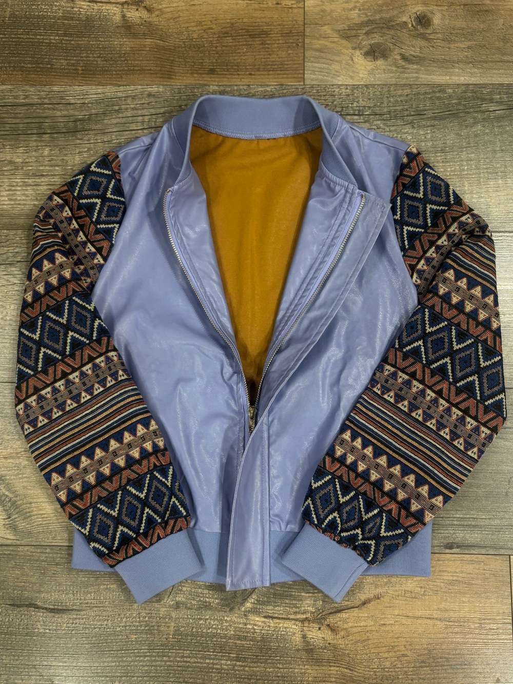Women’s faux leather Lavender Bomber Jacket with Patterned Knit Sleeves